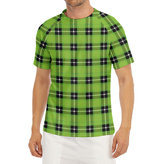 UFO Green Tartan Pattern Print Men's Short Sleeve Rash Guard