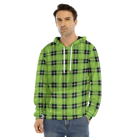 UFO Green Tartan Pattern Print Men's Velvet Pullover Hoodie