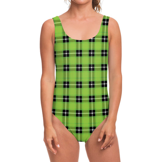 UFO Green Tartan Pattern Print One Piece Swimsuit