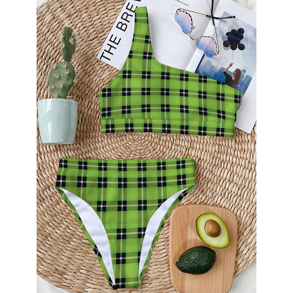 UFO Green Tartan Pattern Print One Shoulder Bikini Top