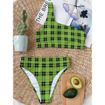 UFO Green Tartan Pattern Print One Shoulder Bikini Top
