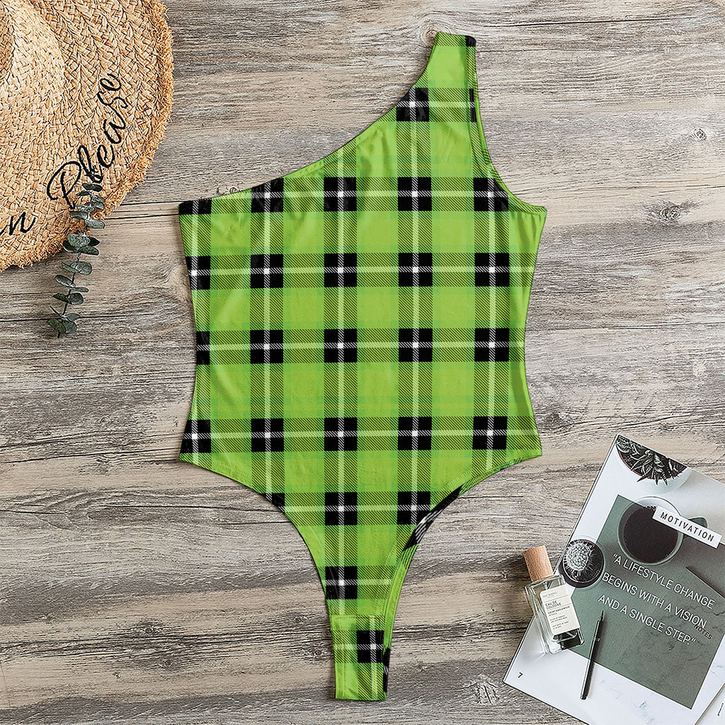 UFO Green Tartan Pattern Print One Shoulder Bodysuit