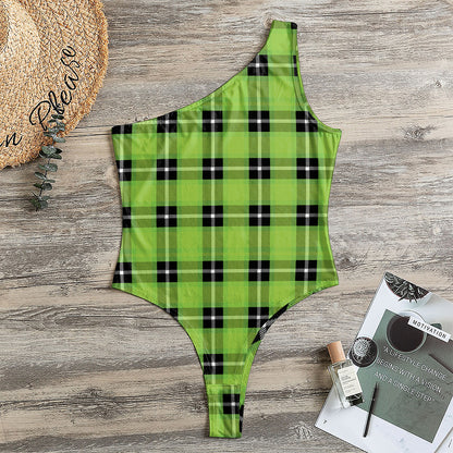 UFO Green Tartan Pattern Print One Shoulder Bodysuit