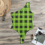 UFO Green Tartan Pattern Print One Shoulder Bodysuit