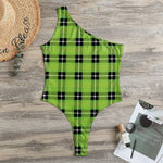 UFO Green Tartan Pattern Print One Shoulder Bodysuit
