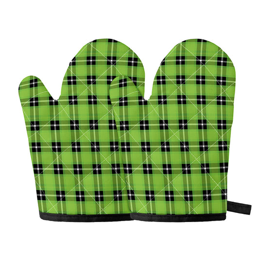 UFO Green Tartan Pattern Print Oven Mitts