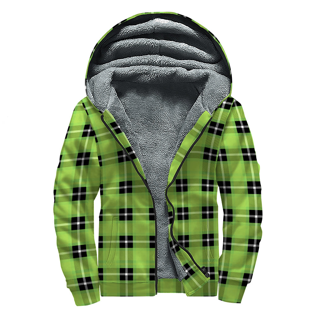 UFO Green Tartan Pattern Print Sherpa Lined Zip Up Hoodie