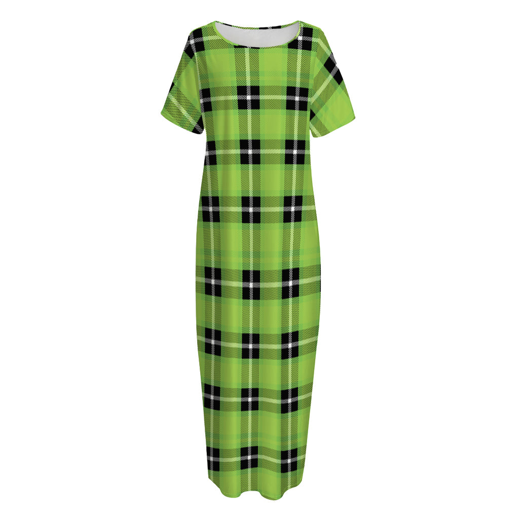 UFO Green Tartan Pattern Print Short Sleeve Long Nightdress