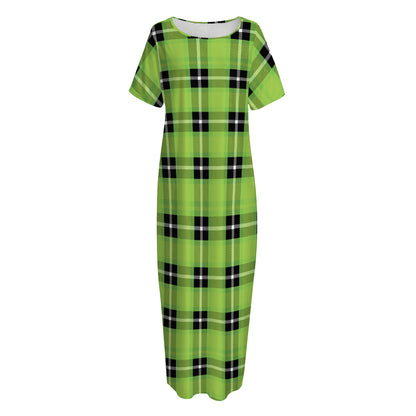 UFO Green Tartan Pattern Print Short Sleeve Long Nightdress