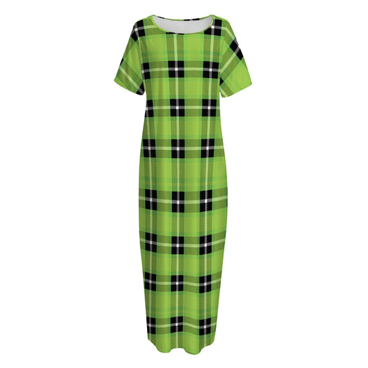 UFO Green Tartan Pattern Print Short Sleeve Long Nightdress