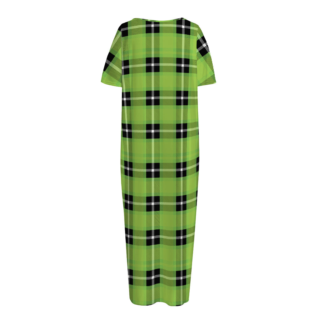 UFO Green Tartan Pattern Print Short Sleeve Long Nightdress