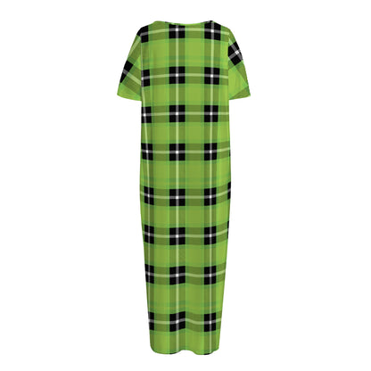 UFO Green Tartan Pattern Print Short Sleeve Long Nightdress