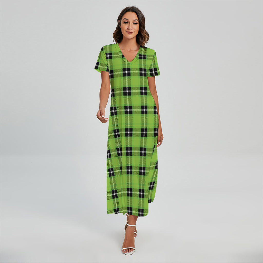 UFO Green Tartan Pattern Print Short Sleeve Maxi Dress