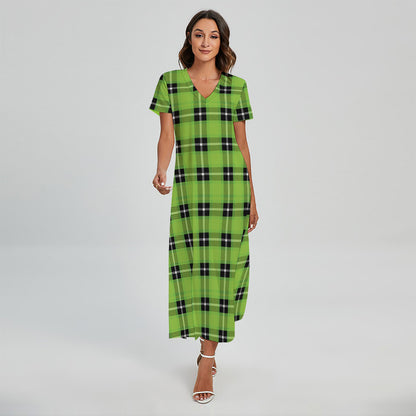 UFO Green Tartan Pattern Print Short Sleeve Maxi Dress