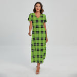 UFO Green Tartan Pattern Print Short Sleeve Maxi Dress