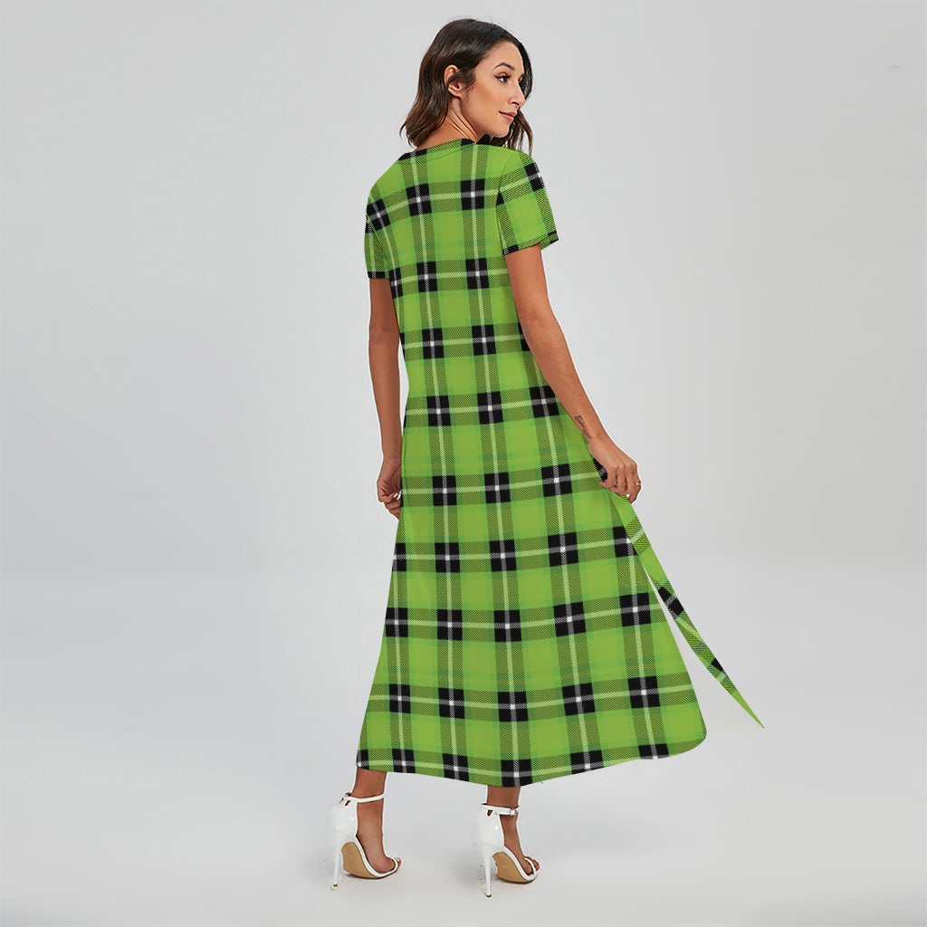 UFO Green Tartan Pattern Print Short Sleeve Maxi Dress