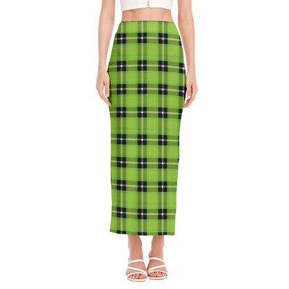 UFO Green Tartan Pattern Print Side Slit Maxi Skirt