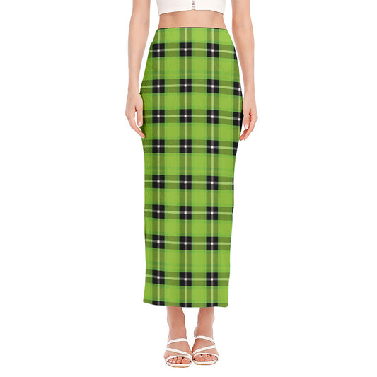 UFO Green Tartan Pattern Print Side Slit Maxi Skirt
