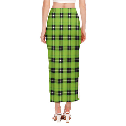 UFO Green Tartan Pattern Print Side Slit Maxi Skirt