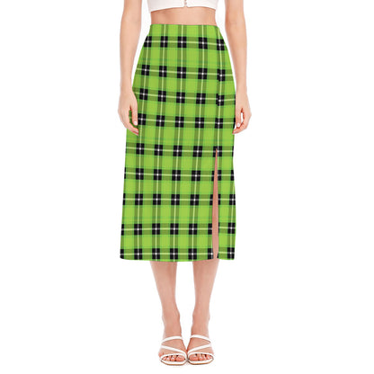 UFO Green Tartan Pattern Print Side Slit Midi Skirt