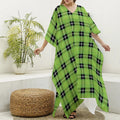 UFO Green Tartan Pattern Print Silk V-Neck Kaftan Dress