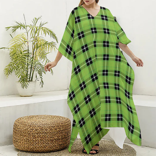 UFO Green Tartan Pattern Print Silk V-Neck Kaftan Dress