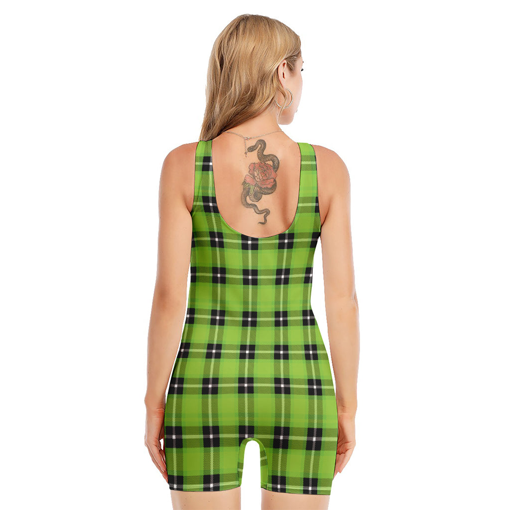 UFO Green Tartan Pattern Print Sleeveless One Piece Swimsuit