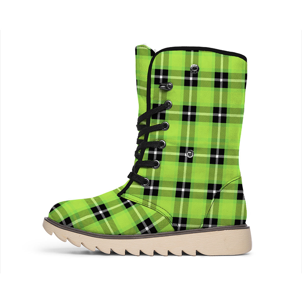 UFO Green Tartan Pattern Print Winter Boots