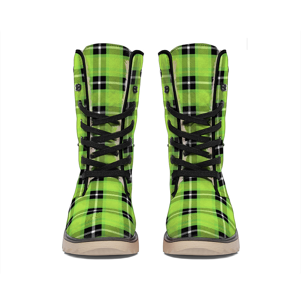 UFO Green Tartan Pattern Print Winter Boots