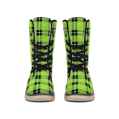 UFO Green Tartan Pattern Print Winter Boots
