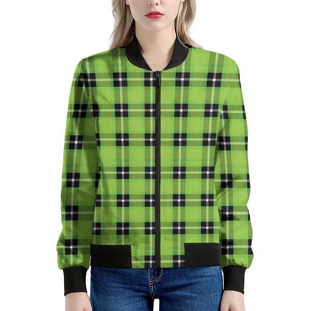 UFO Green Tartan Pattern Print Women's Bomber Jacket