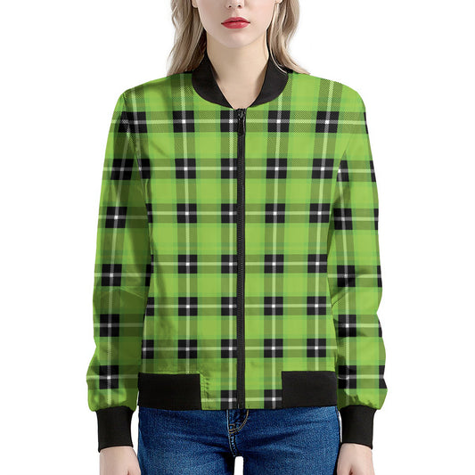 UFO Green Tartan Pattern Print Women's Bomber Jacket