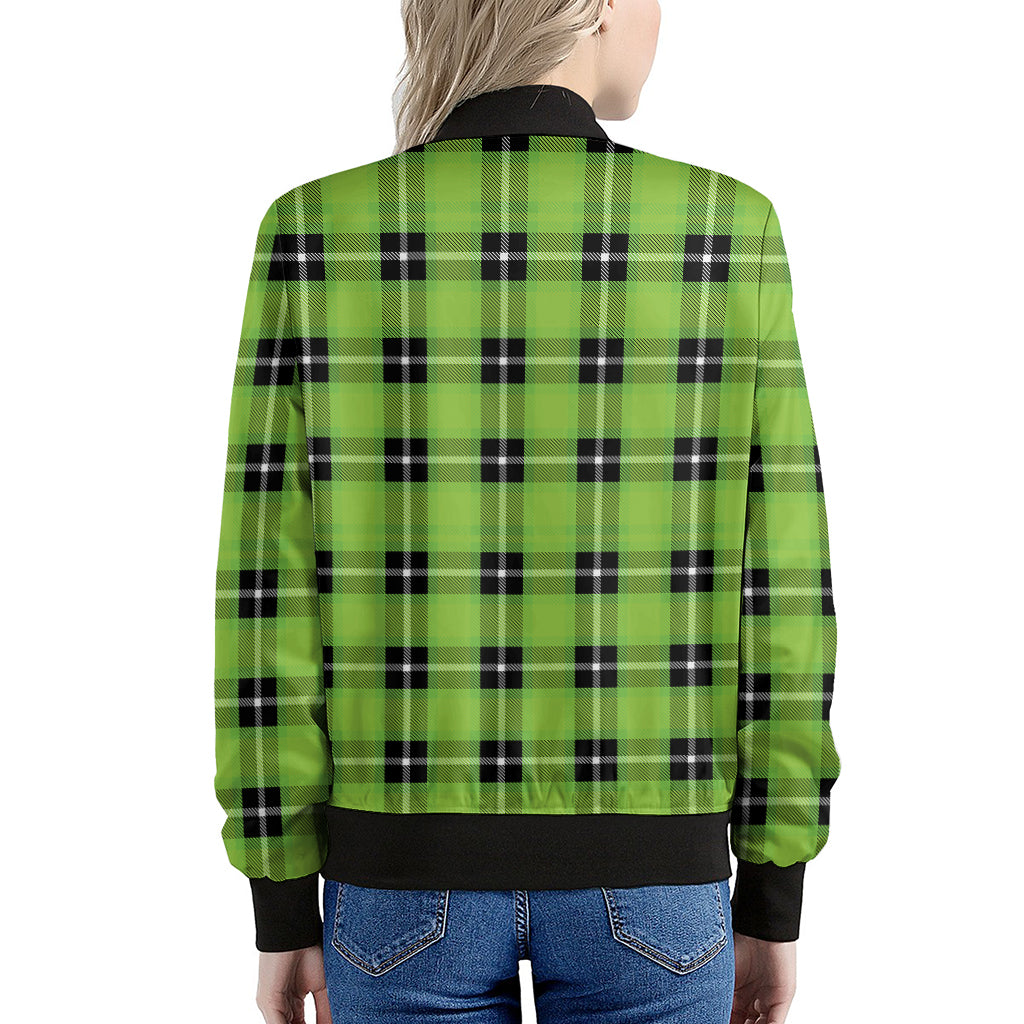 UFO Green Tartan Pattern Print Women's Bomber Jacket