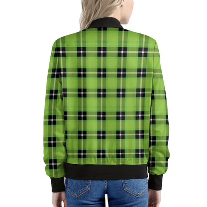 UFO Green Tartan Pattern Print Women's Bomber Jacket
