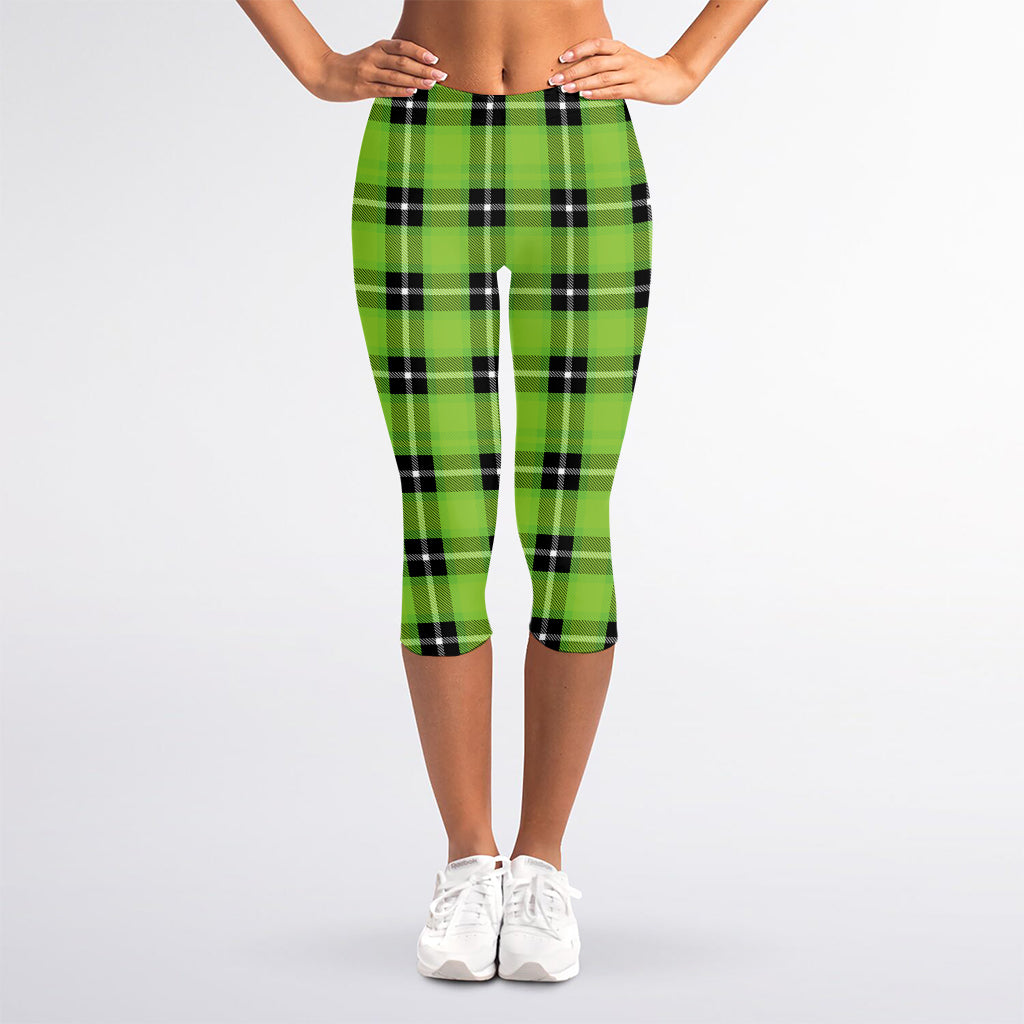 UFO Green Tartan Pattern Print Women's Capri Leggings