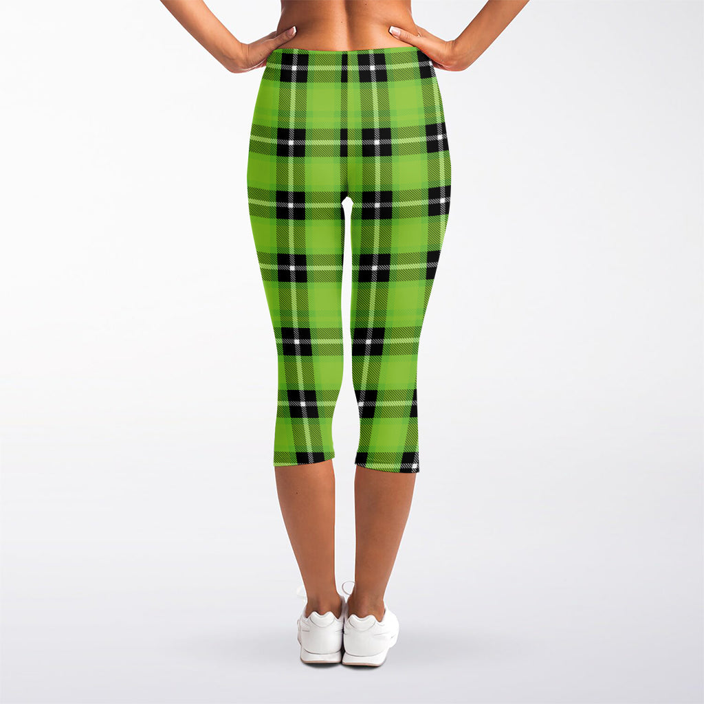 UFO Green Tartan Pattern Print Women's Capri Leggings