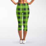 UFO Green Tartan Pattern Print Women's Capri Leggings