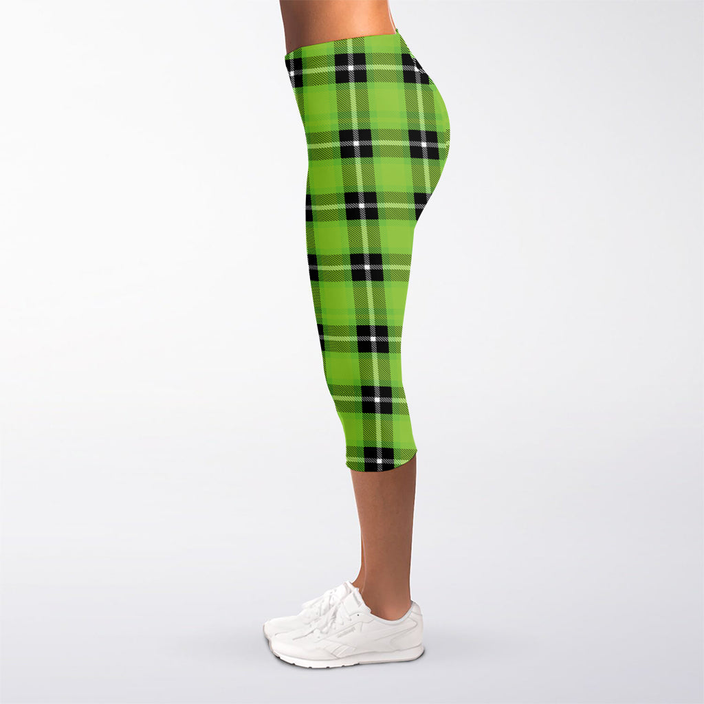 UFO Green Tartan Pattern Print Women's Capri Leggings
