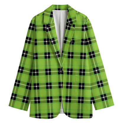 UFO Green Tartan Pattern Print Women's Cotton Blazer