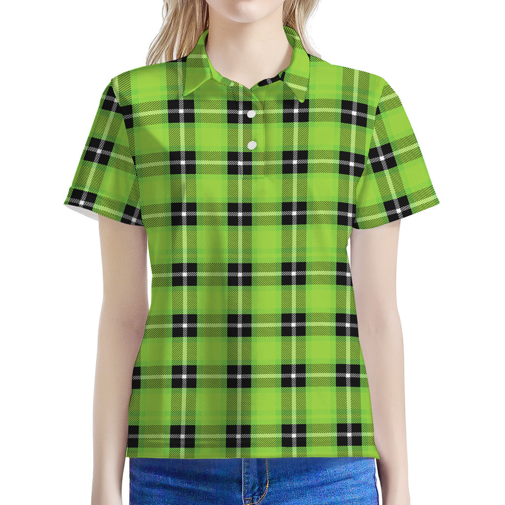UFO Green Tartan Pattern Print Women's Polo Shirt