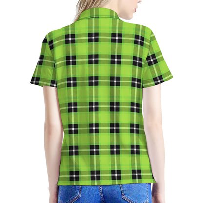 UFO Green Tartan Pattern Print Women's Polo Shirt