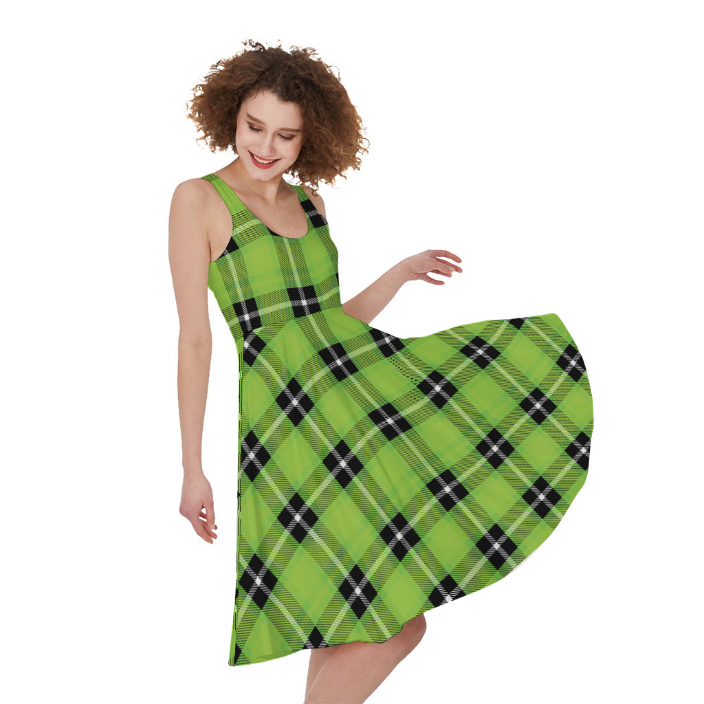 UFO Green Tartan Pattern Print Women's Sleeveless Dress