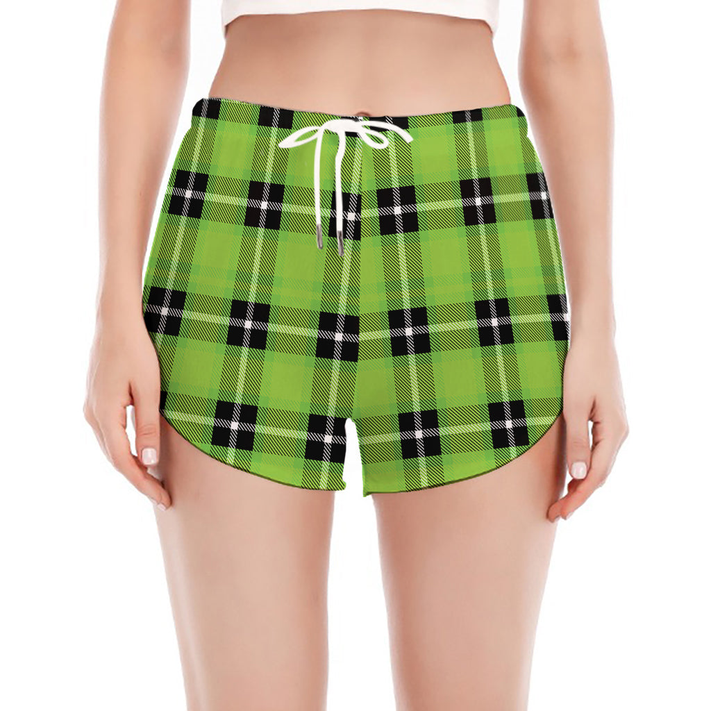 UFO Green Tartan Pattern Print Women's Split Running Shorts