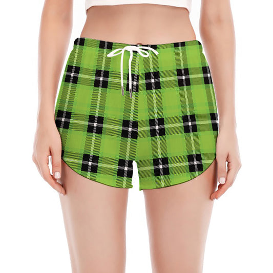 UFO Green Tartan Pattern Print Women's Split Running Shorts