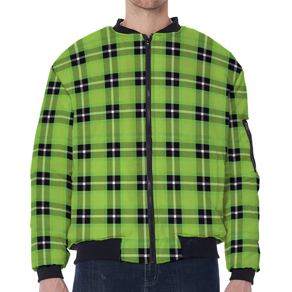UFO Green Tartan Pattern Print Zip Sleeve Bomber Jacket