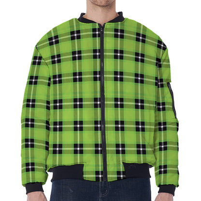UFO Green Tartan Pattern Print Zip Sleeve Bomber Jacket