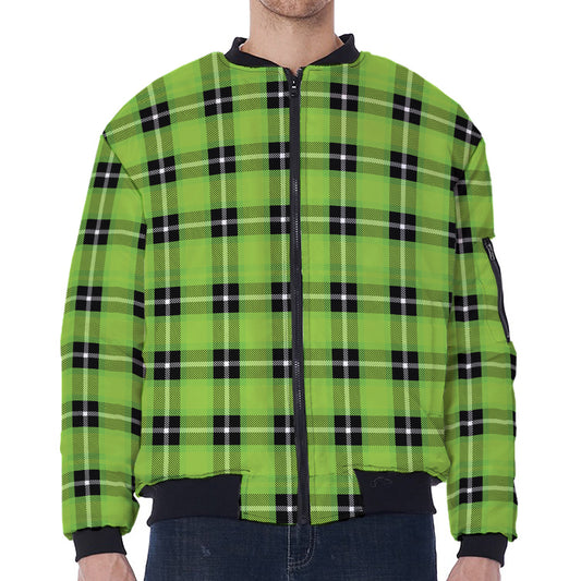 UFO Green Tartan Pattern Print Zip Sleeve Bomber Jacket
