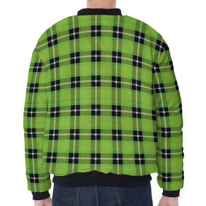 UFO Green Tartan Pattern Print Zip Sleeve Bomber Jacket