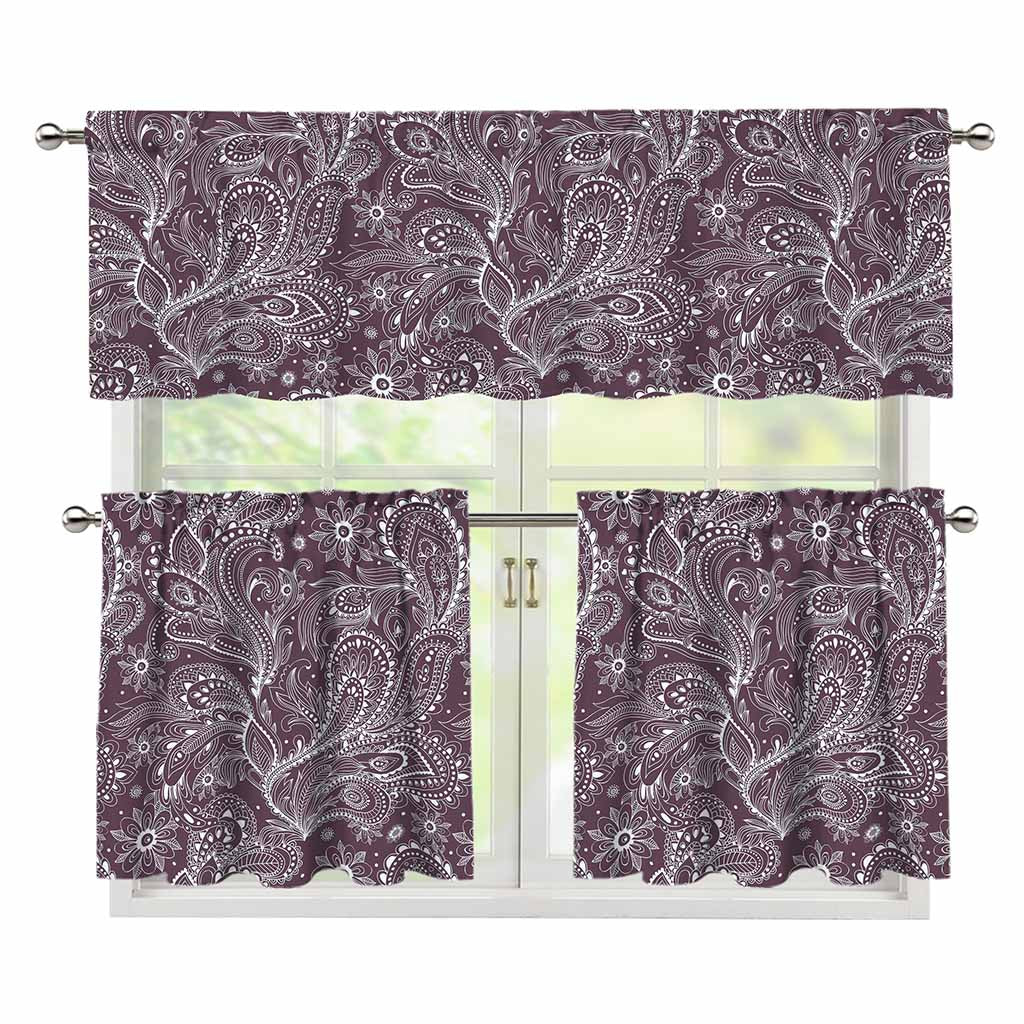 Umber Floral Bohemian Pattern Print 3 Piece Kitchen Curtains