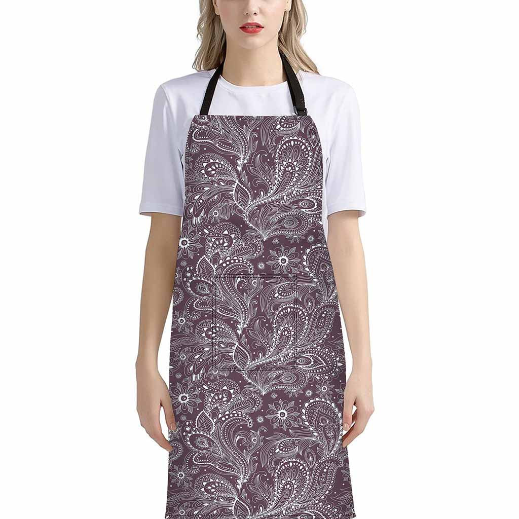 Umber Floral Bohemian Pattern Print Bib Apron With Pocket